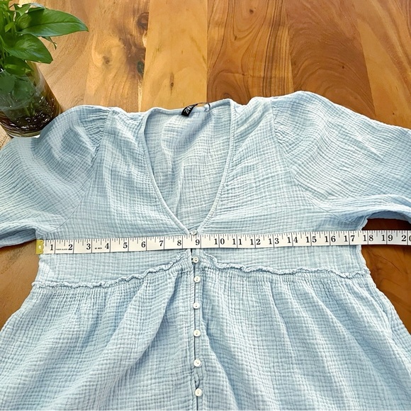 ZARA Blue Pastel Babydoll Cotton V Neck Button Front Long Sleeves Blouse Top. - Picture 8 of 11